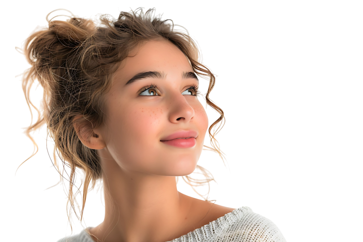 Portrait of satisfied glad lovely lady beaming smile look empty space on transparent background png