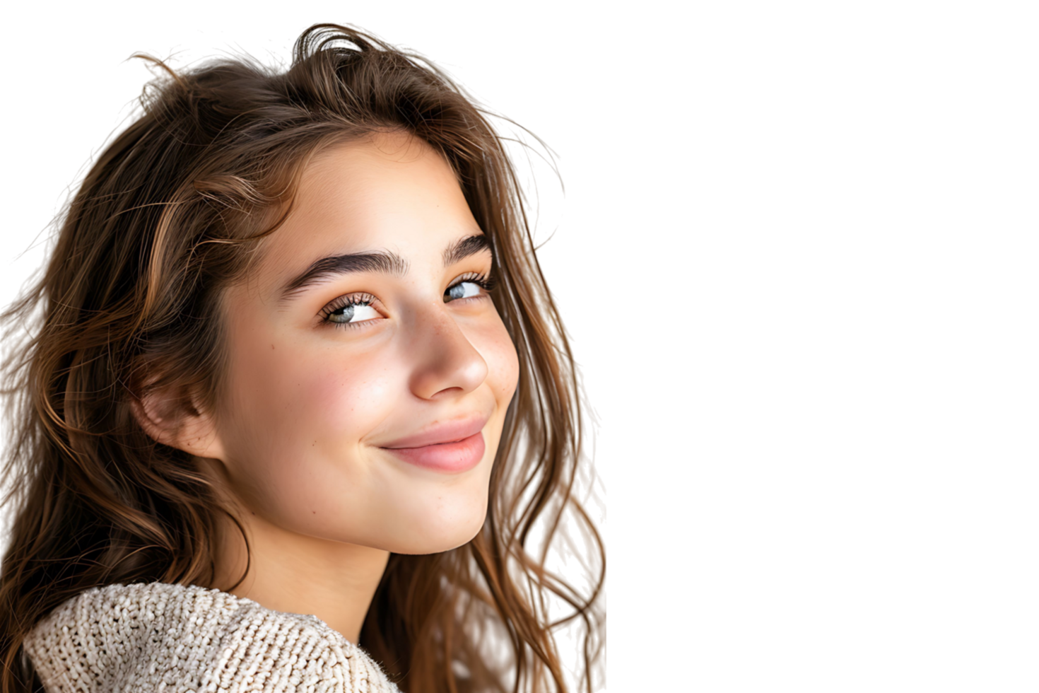 Portrait of satisfied glad lovely lady beaming smile look empty space on transparent background png