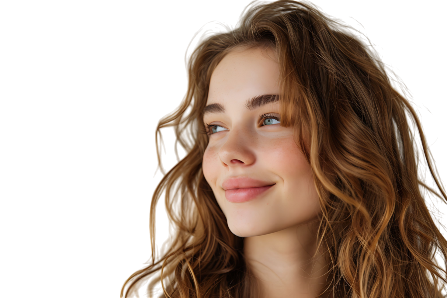 Portrait of satisfied glad lovely lady beaming smile look empty space on transparent background png