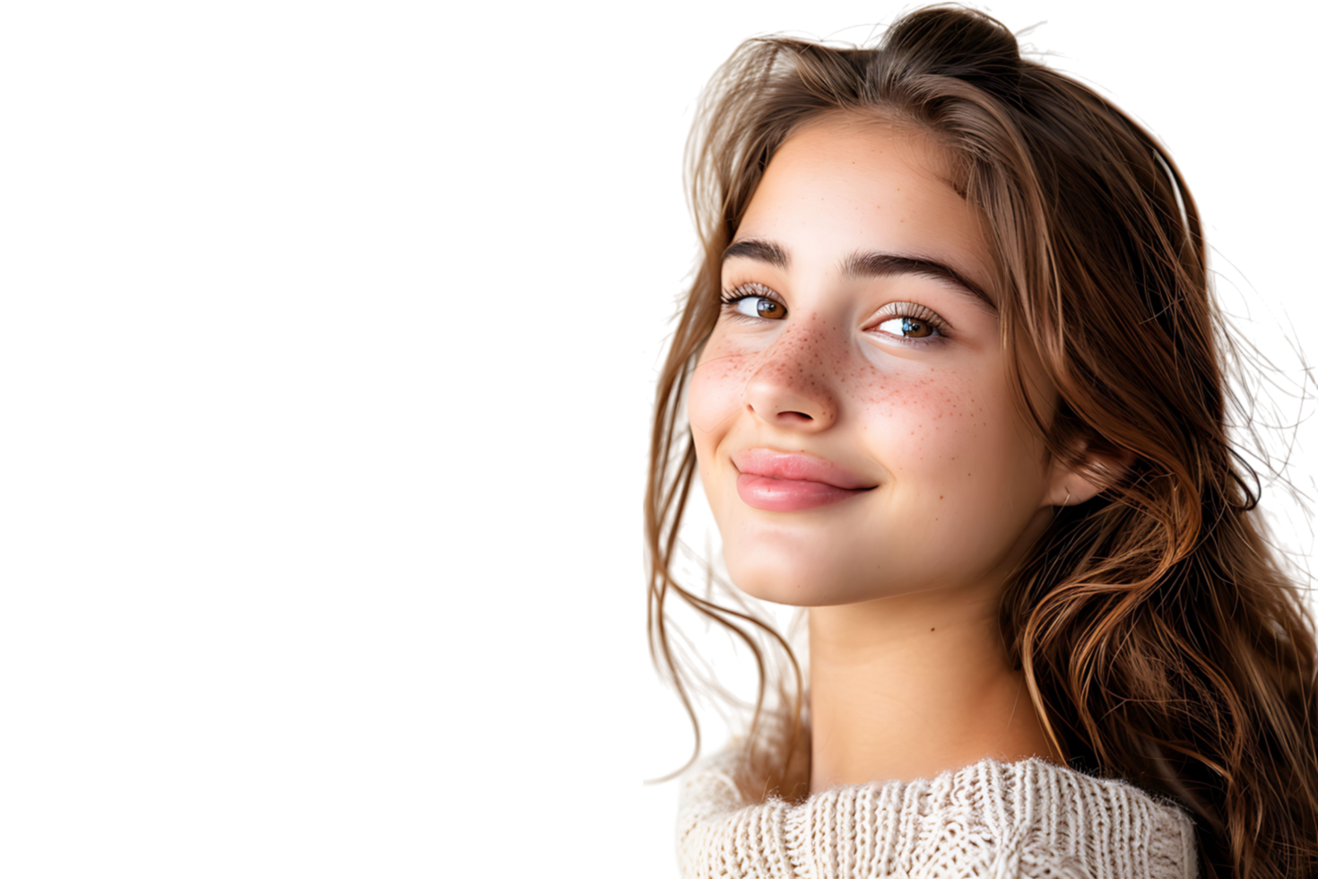 Portrait of satisfied glad lovely lady beaming smile look empty space on transparent background png