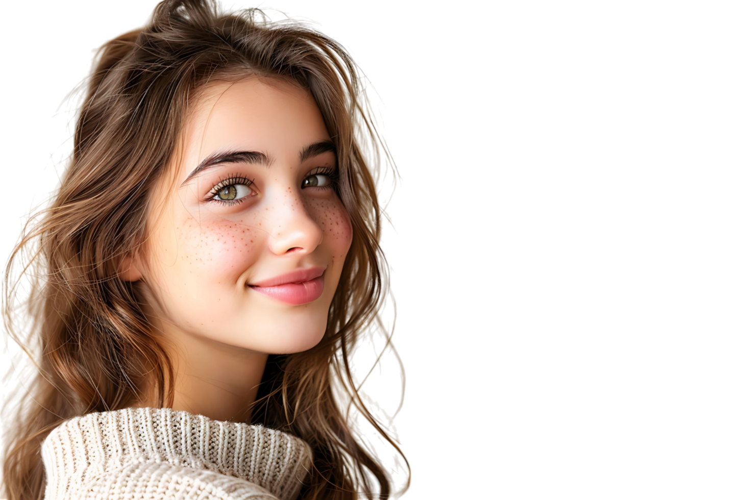 Portrait of satisfied glad lovely lady beaming smile look empty space on transparent background png