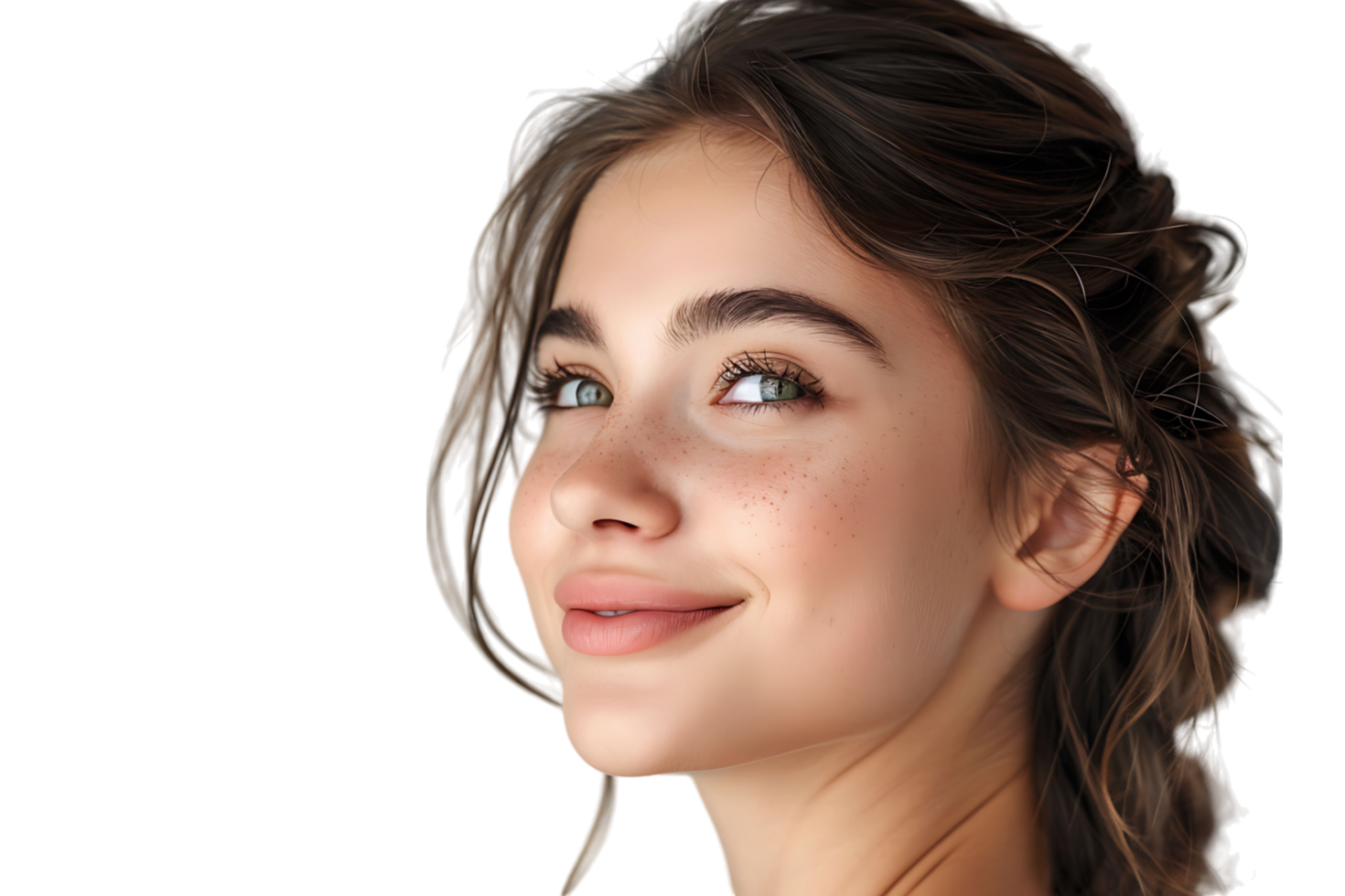 Portrait of satisfied glad lovely lady beaming smile look empty space on transparent background png