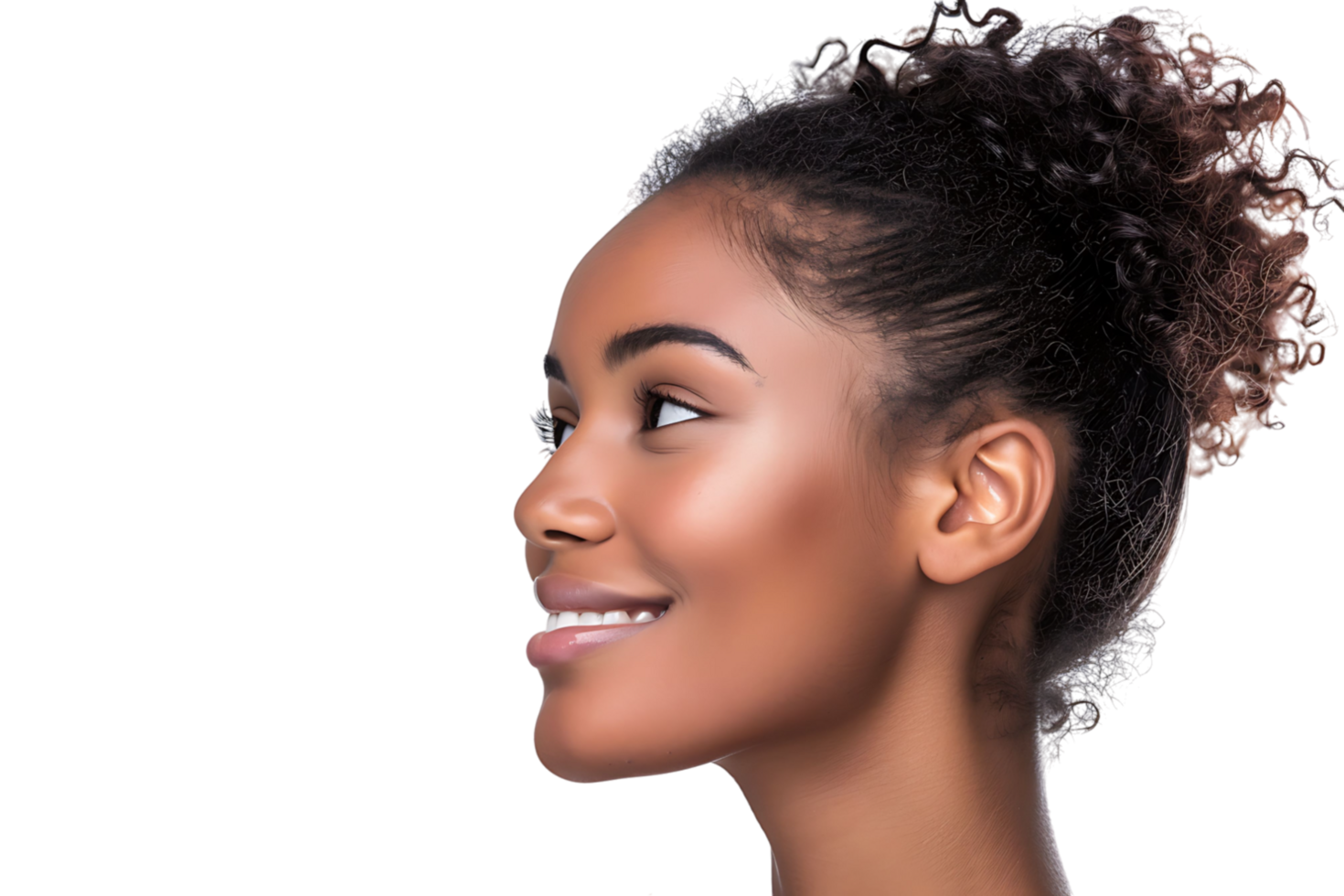 Portrait of satisfied glad lovely lady beaming smile look empty space on transparent background png