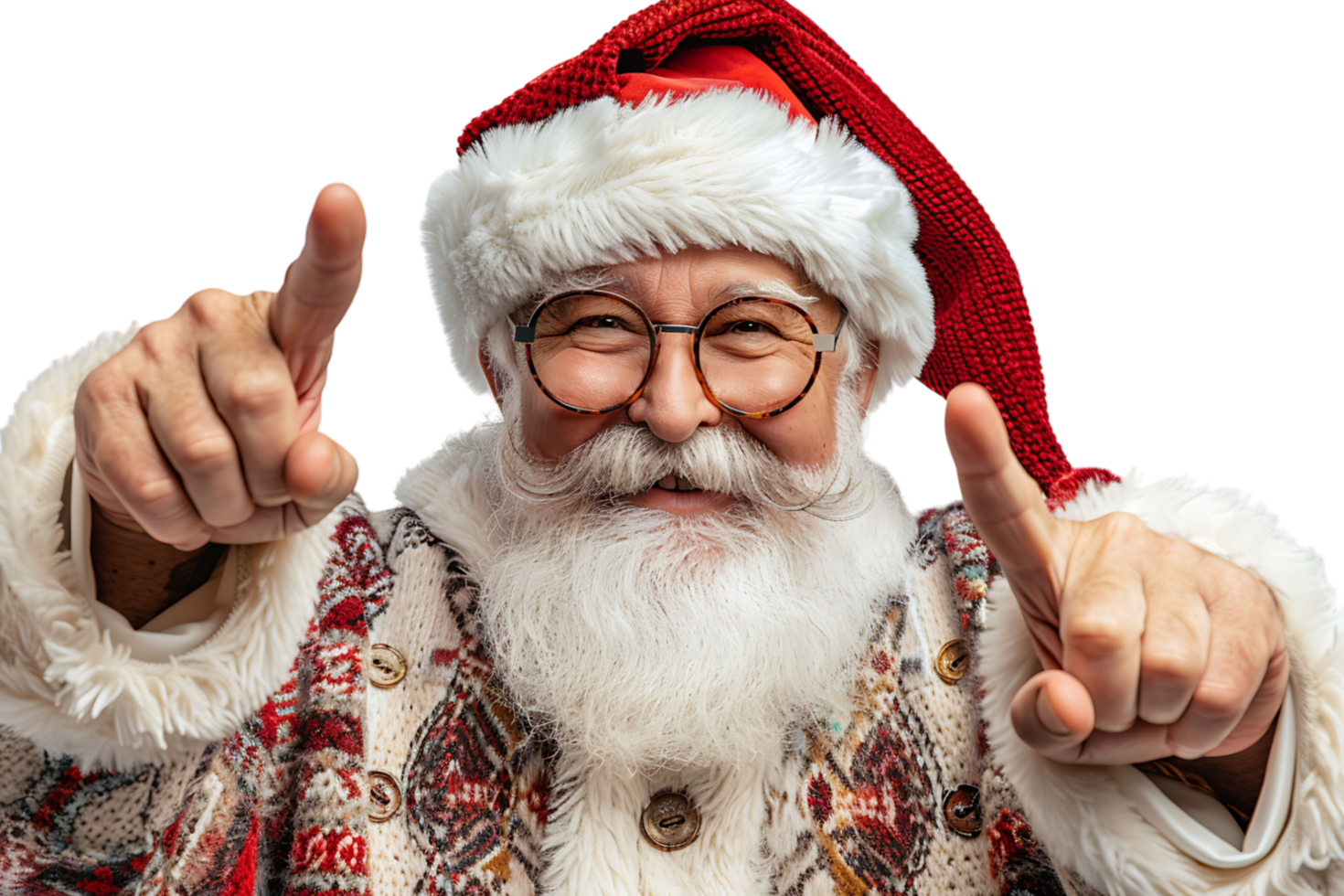 Portrait of stylish trendy funny Santa pointing at camera on transparent background png