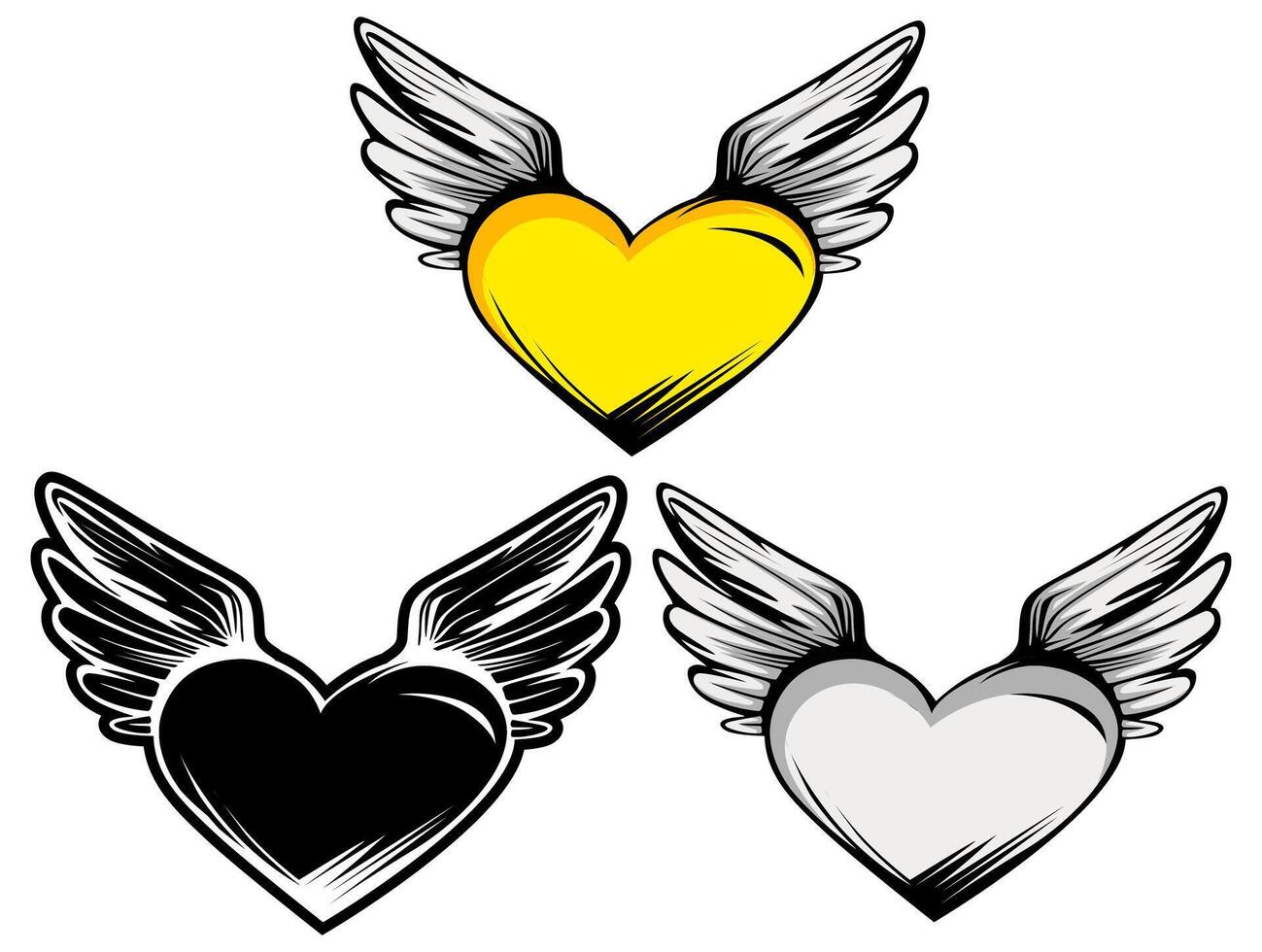 set yellow hearts with wing flying love illustration vector