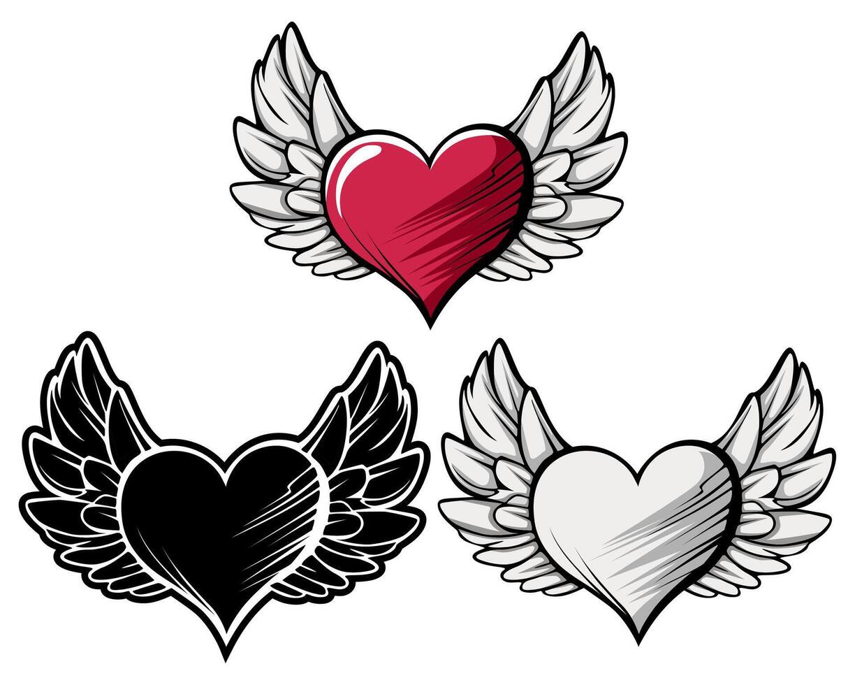 set fly hearts angel icon love tattoo design vector