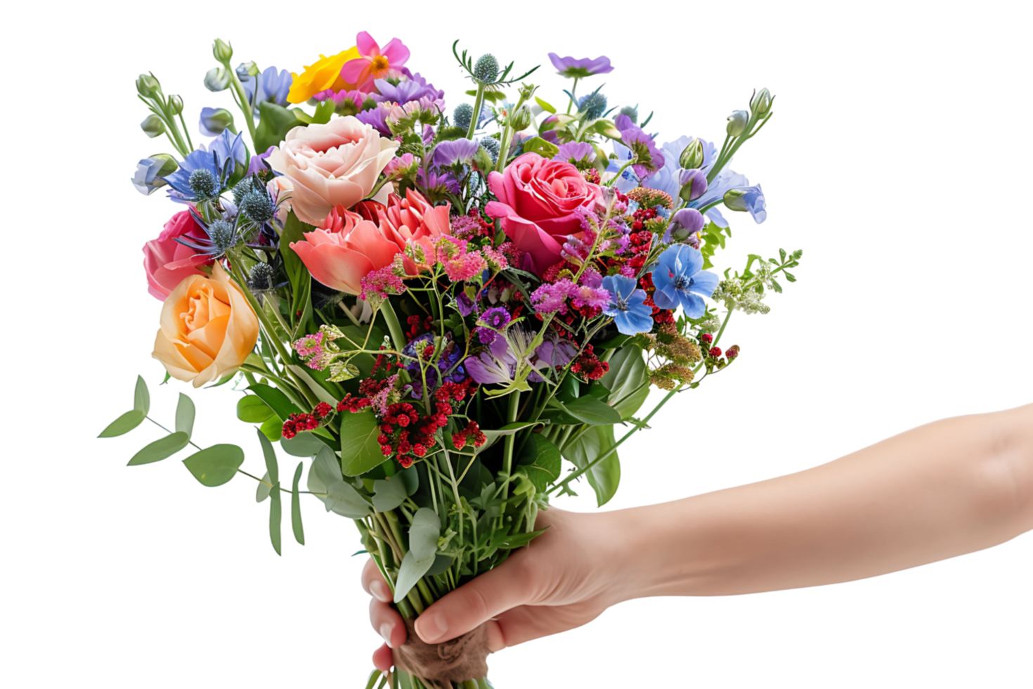 flower bouquet in hand on isolated transparent background png