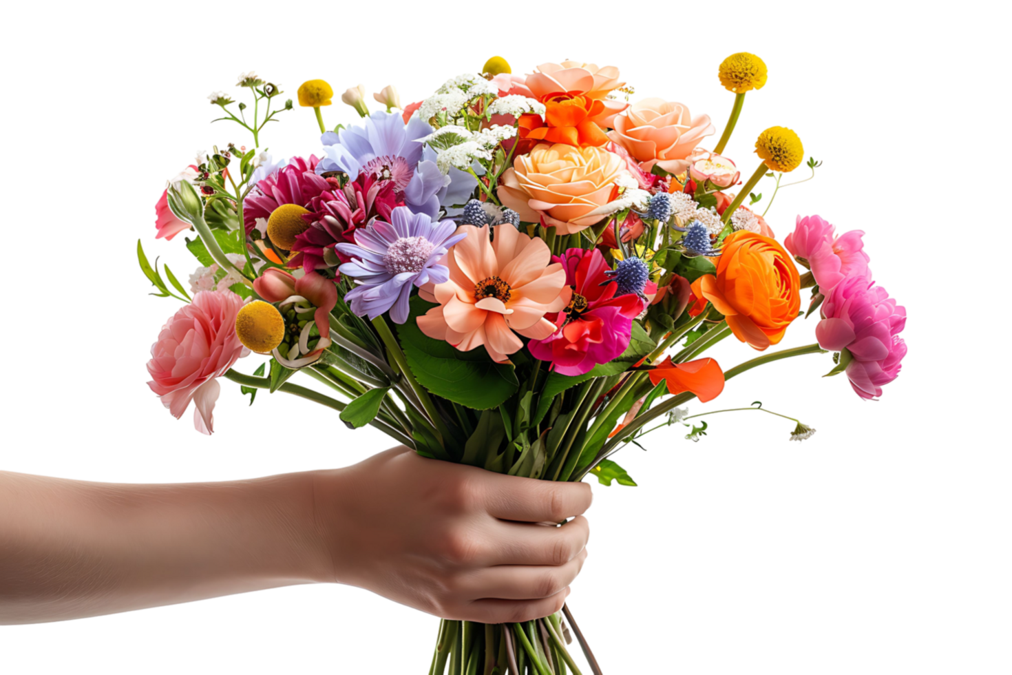 flower bouquet in hand on isolated transparent background png