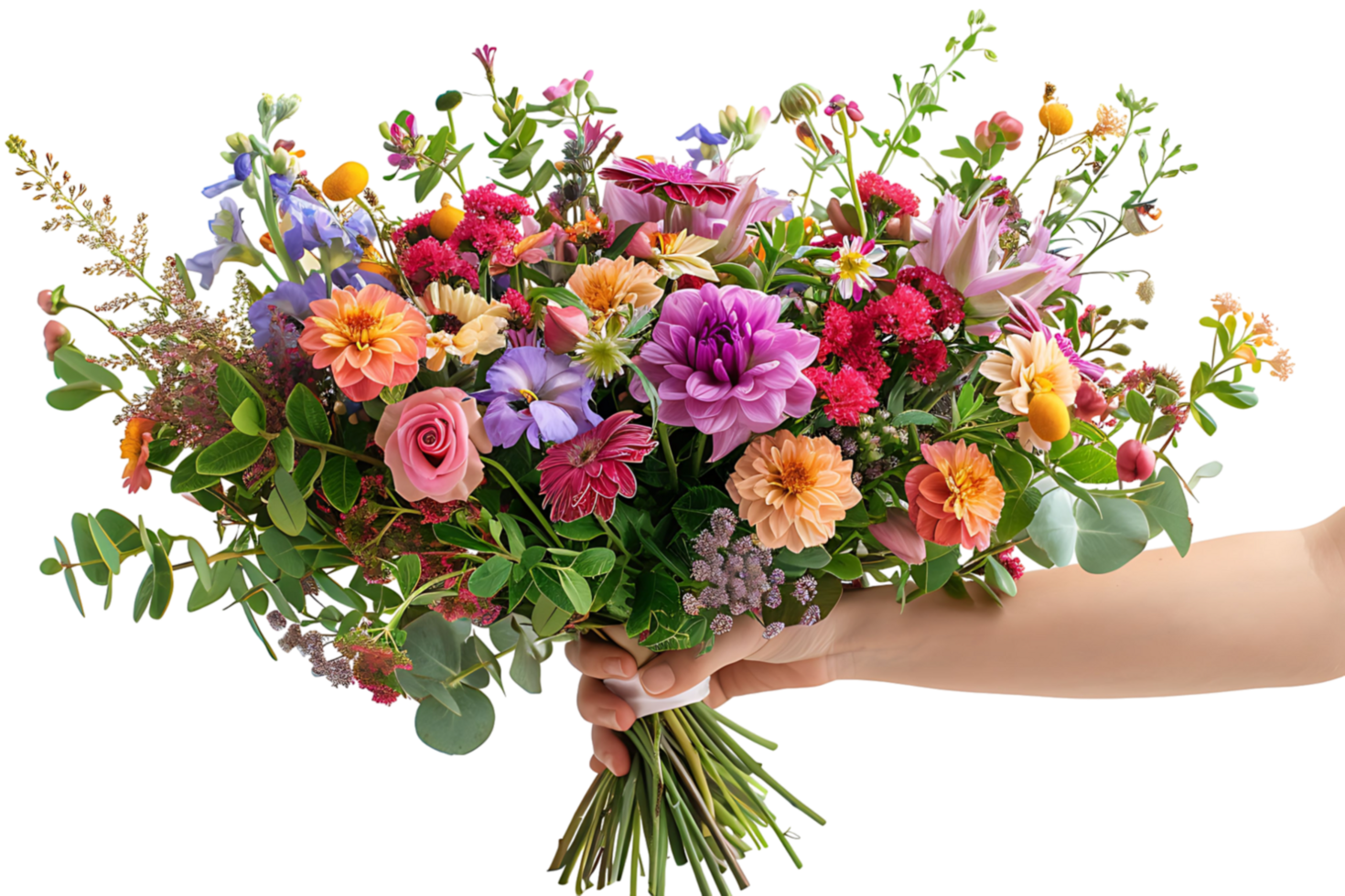 flower bouquet in hand on isolated transparent background png