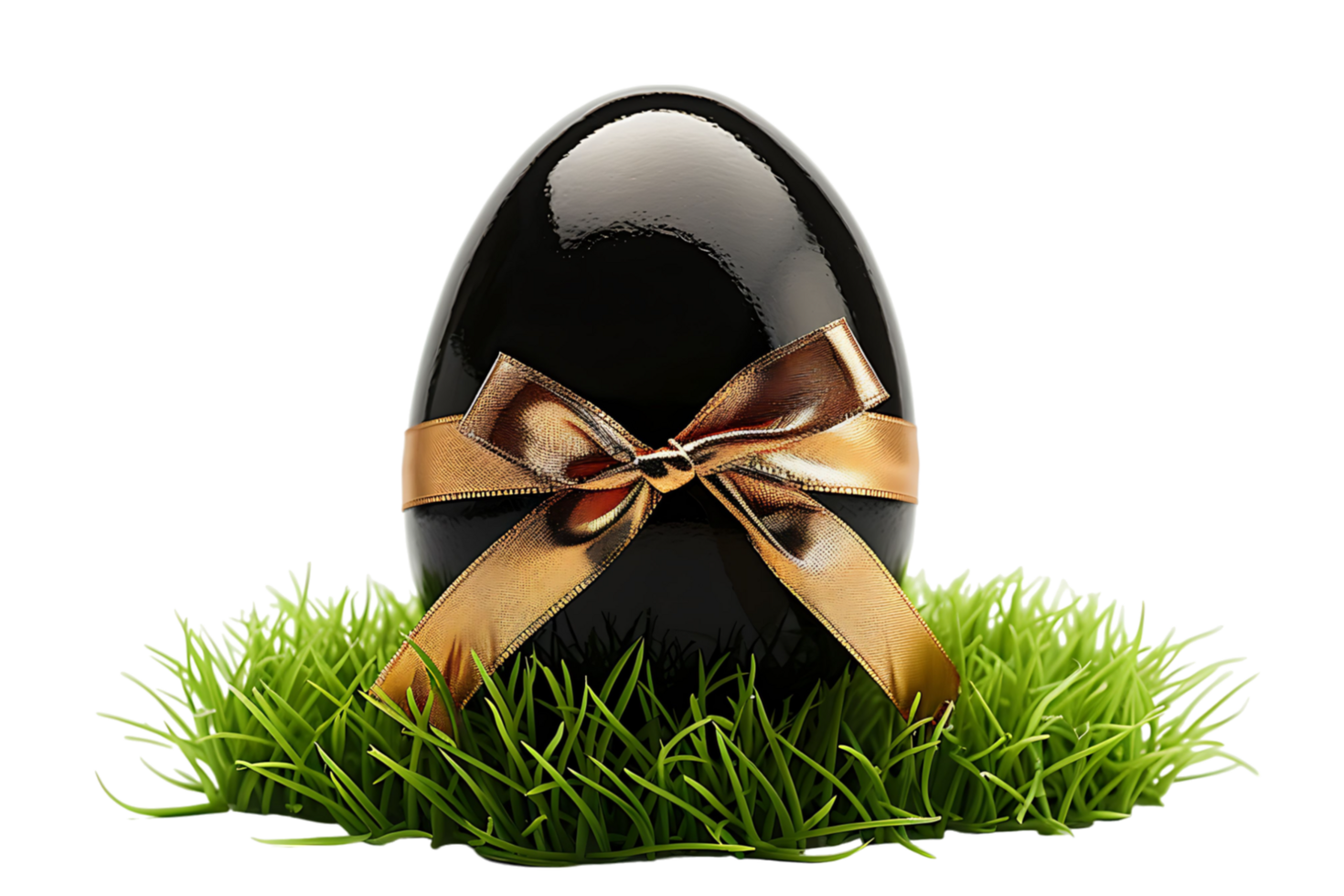 Black egg with a gold ribbon on grass transparent background png