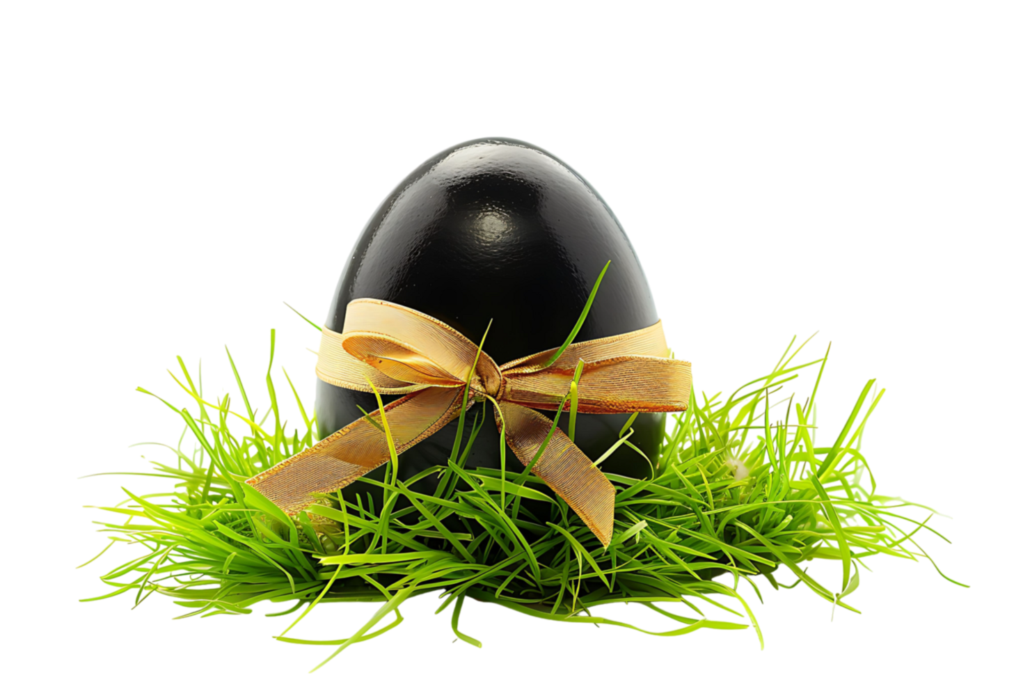 Black egg with a gold ribbon on grass transparent background png