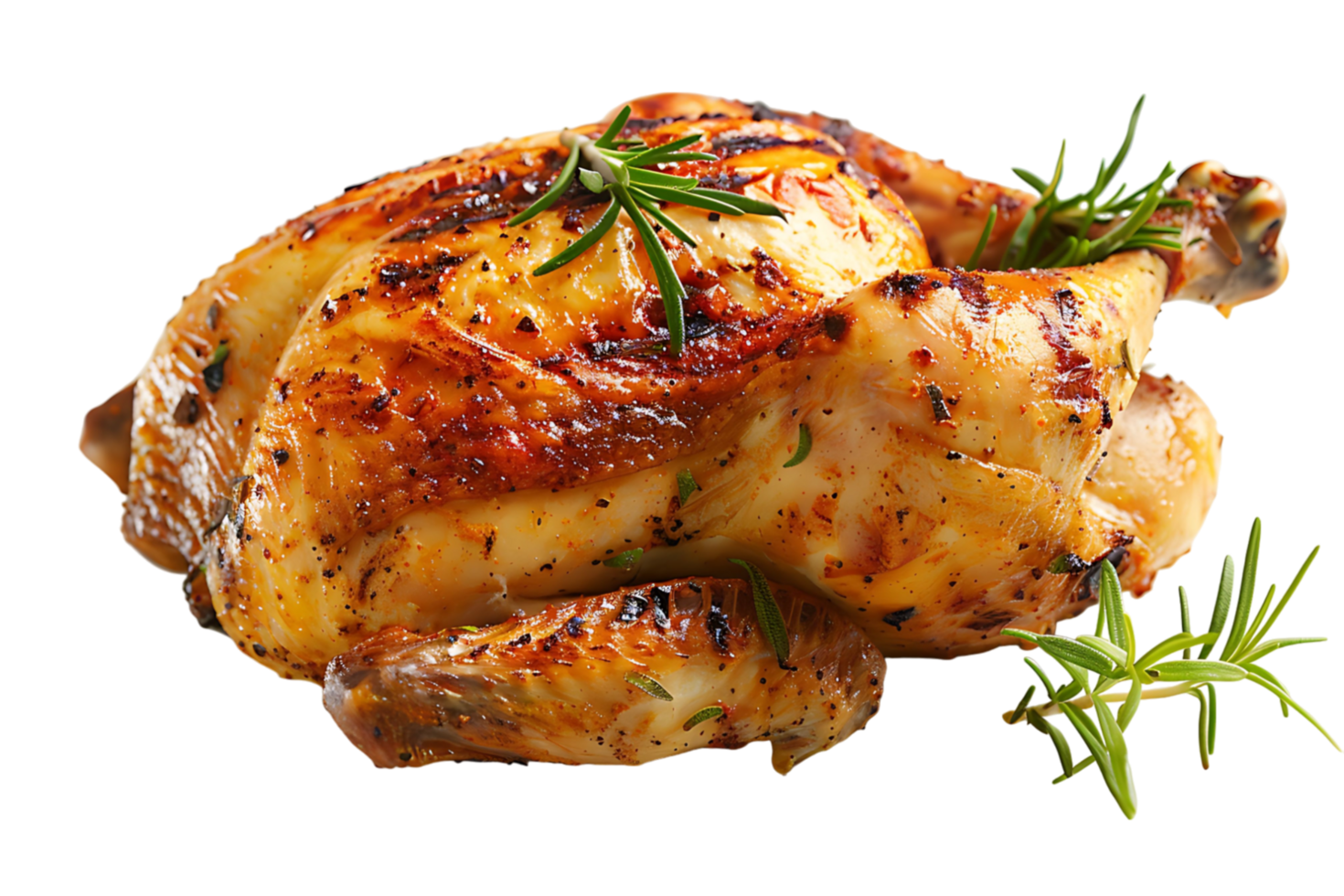 Whole grilled chicken on isolated transparent background png