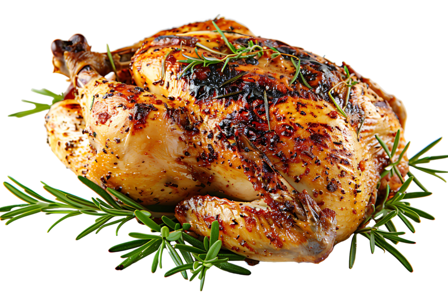 Whole grilled chicken on isolated transparent background png