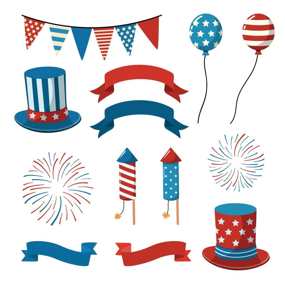 Patriotic party elements set for Independence day on white background. Isolated on white background. American patriotic accessory collection vector