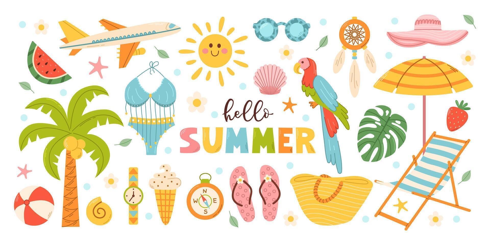 Set cute summer beach elements. Vacation accessories for sea holidays. Cartoon illustration vector