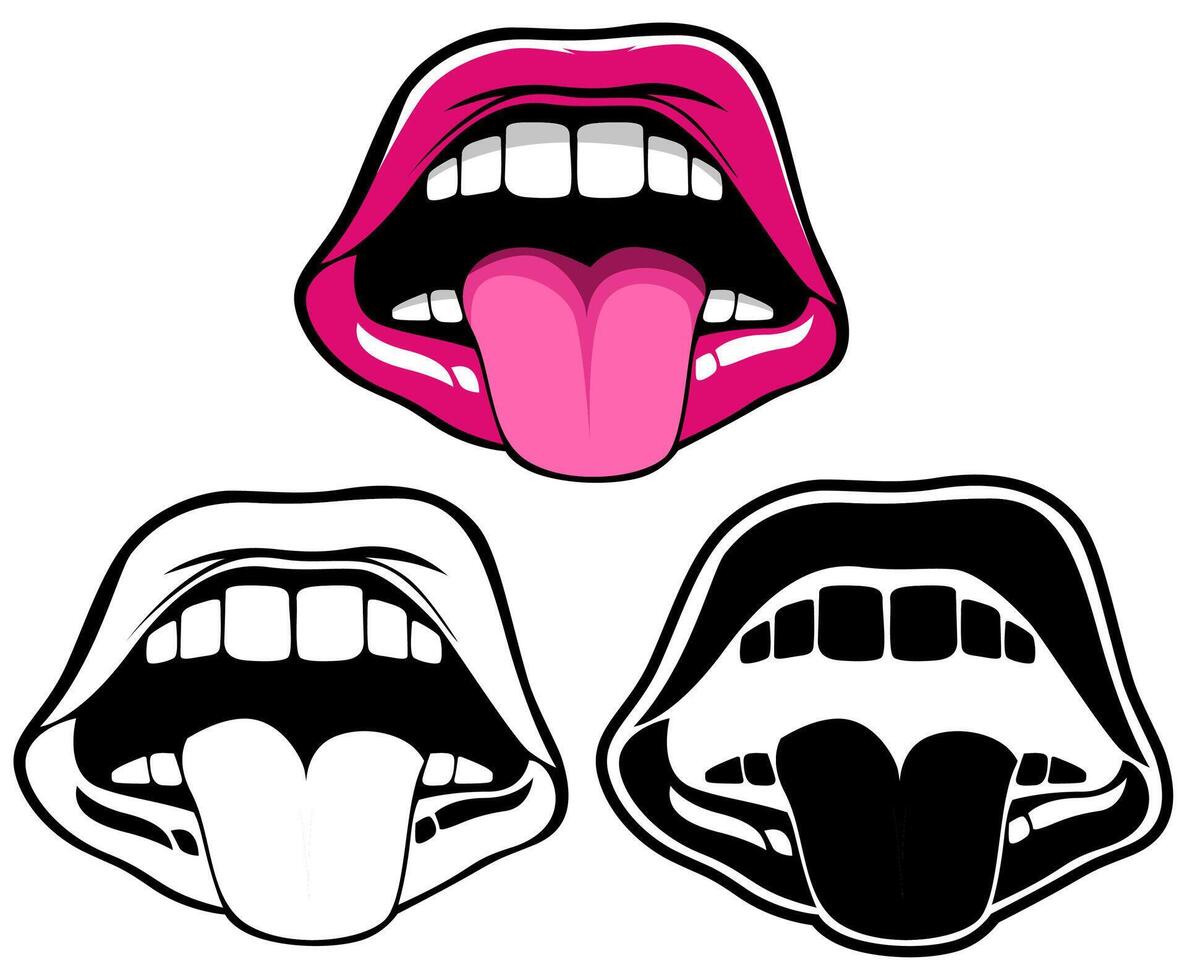 set open mouth female tongue and pink lips vector
