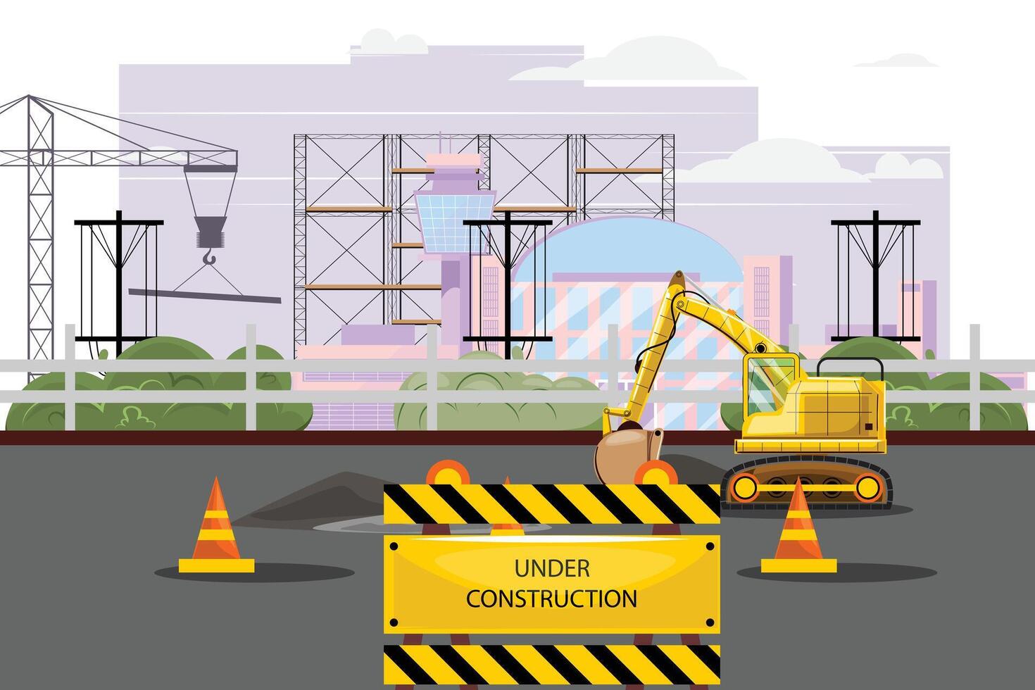 Urban construction site under cloudy skies. Excavator, crane and buildings on the background vector