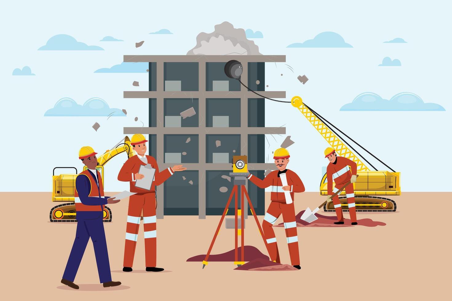 dinámica construcción sitio ilustración con trabajadores trabajando en un nuevo proyecto vector