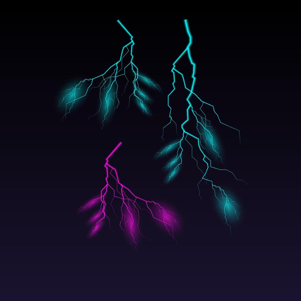 Lightning effect in trendy neon colors. Thunder electric light effects isolated on dark background. Discharge electric current. vector
