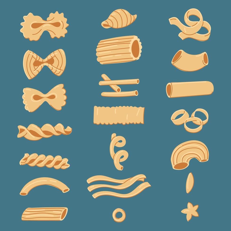 un conjunto con varios formas de pasta. un colección de ilustraciones, adecuado para el visual diseño de italiano cocina. diseño y culinario proyectos muchos tipos de soltero pasta en un fila en azul vector