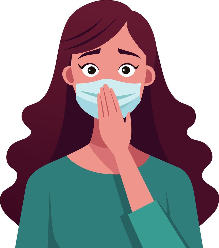 Illustration of a young woman wearing a face mask and sneezing vector