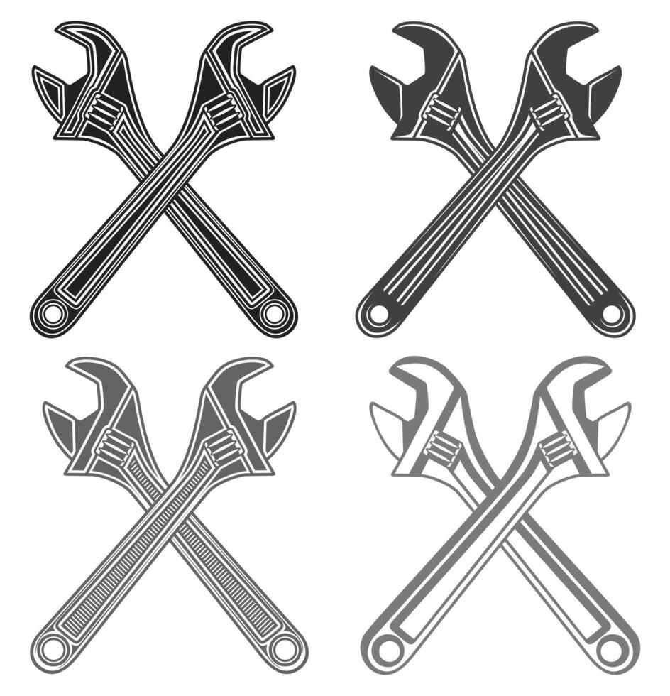 Set metallic iron adjustable wrench crossed icon vector