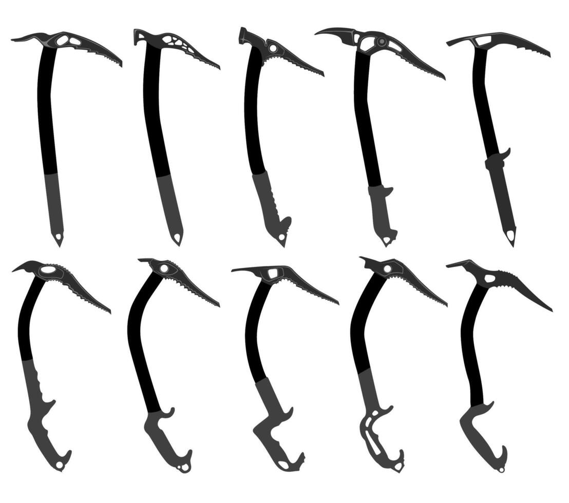 Set black ice pick silhouette icon. mountain axe climbing tools vector