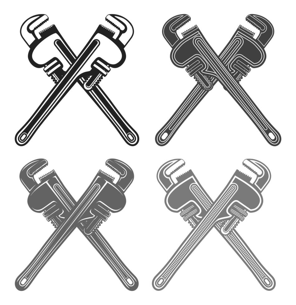Set metallic adjustable pipe wrench icon plumbing service symbol vector
