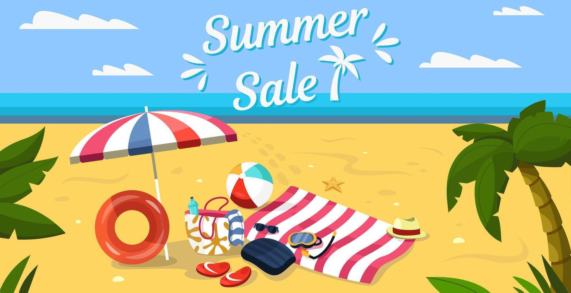 verano playa bandera. tropical vacaciones póster con palma arboles y Oceano ondas. verano fiesta promoción modelo vector