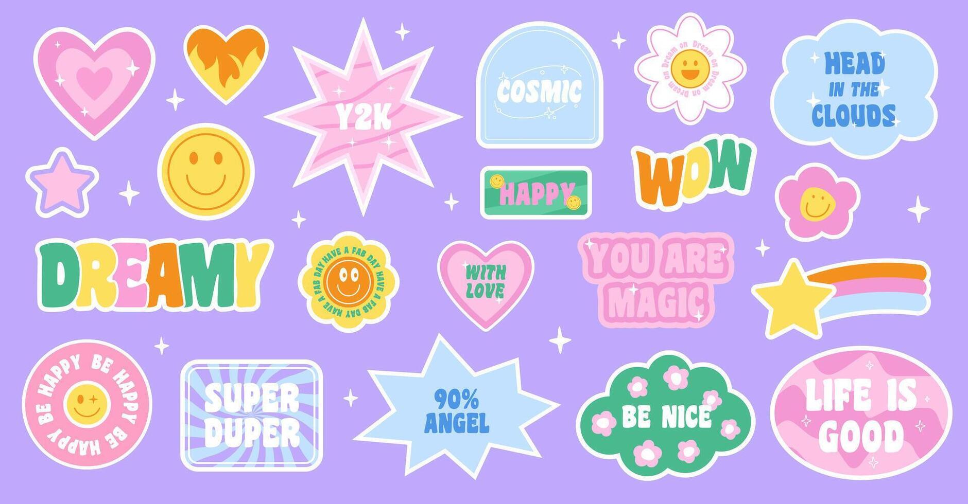 Collection of Cool Cute Stickers. Trendy Patches Collection. Funky, hipster retrowave stickers in geometric shapes. illustration of y2k , 90s graphic design badges. vector