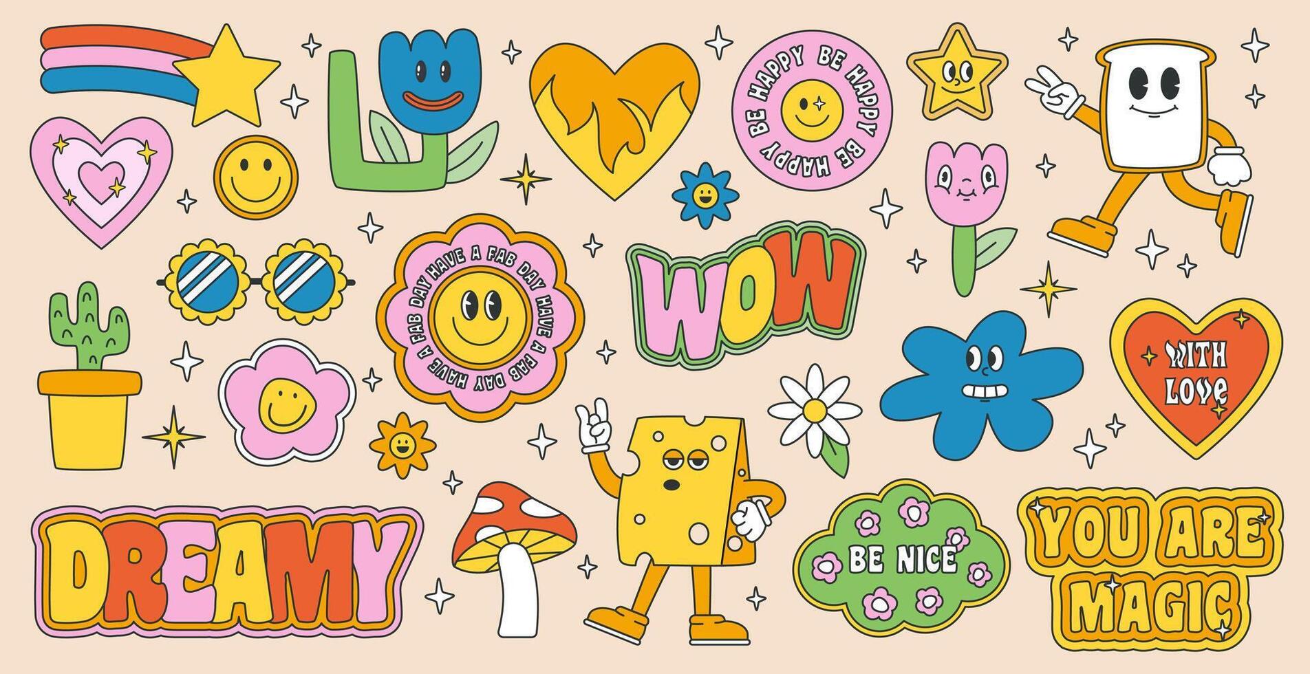 Retro 70s groovy elements and characters. Cute funky hippy stickers. Cartoon daisy flowers, mushroom, heart. Colorful hippie sticker set. Badges isolated on white background. vector