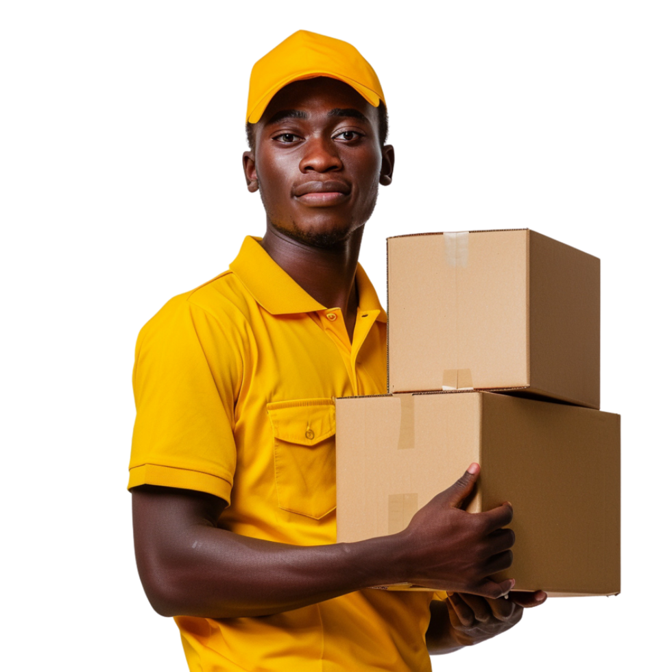 A delivery man in a yellow uniform is holding two boxes png