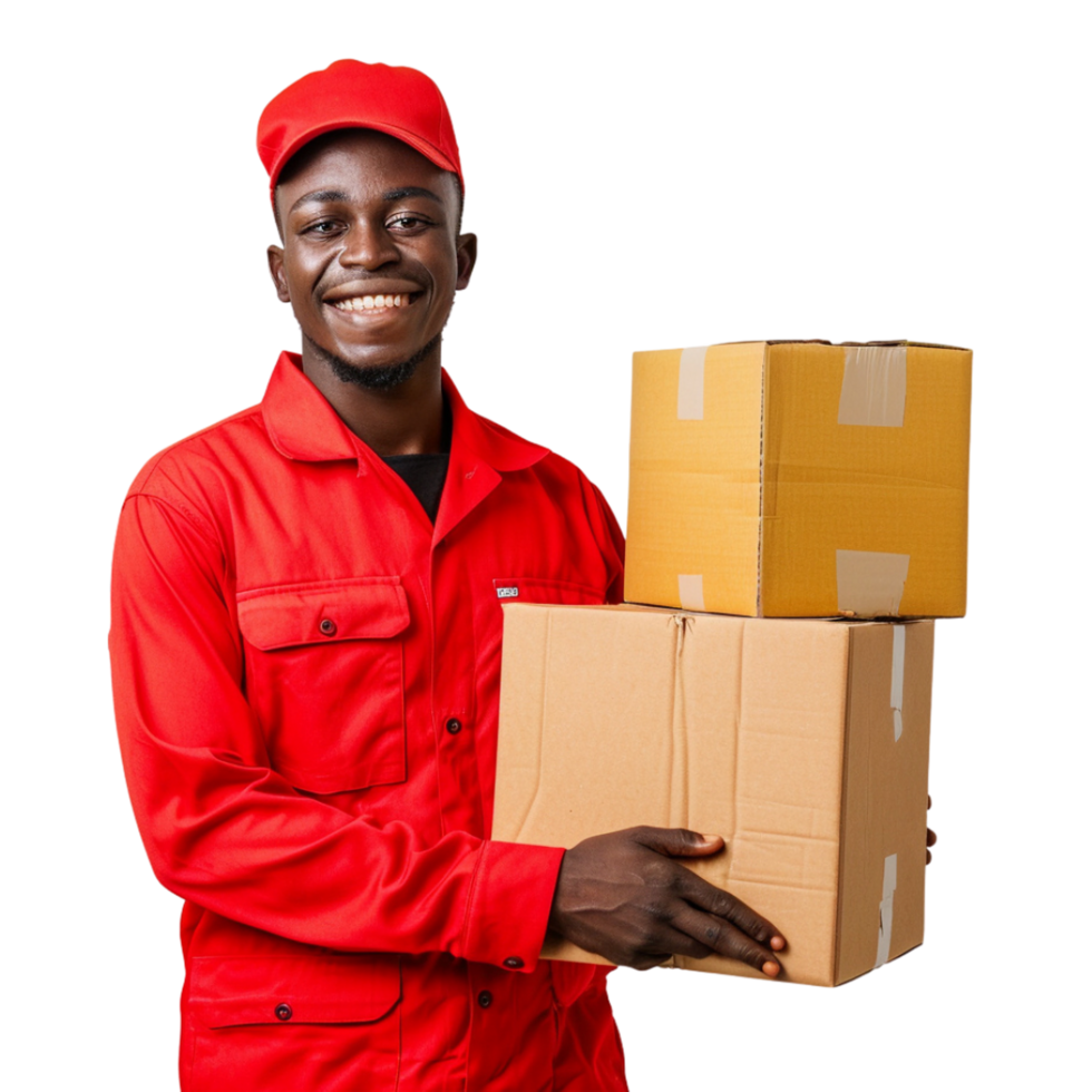A delivery man in a red uniform is holding two boxes png