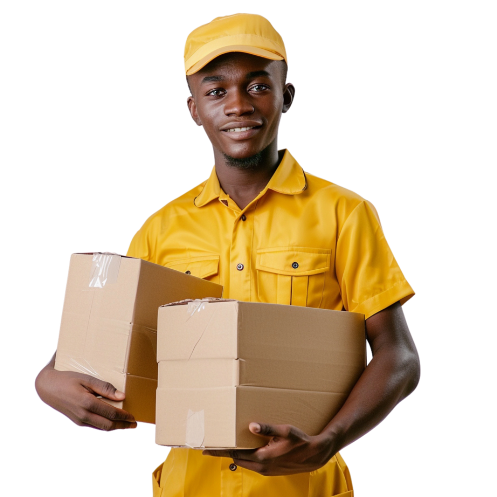A delivery man in a yellow uniform is holding two boxes 44859106 PNG