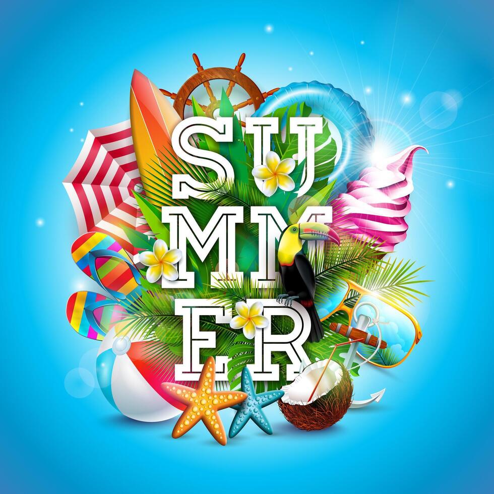 Tropical Summer Holiday Design with Toucan Bird and Beach Ball on Blue Background. Typography Illustration with Exotic Palm Leaves, Phylodendron and Summer Holiday Elements for Banner, Flyer vector