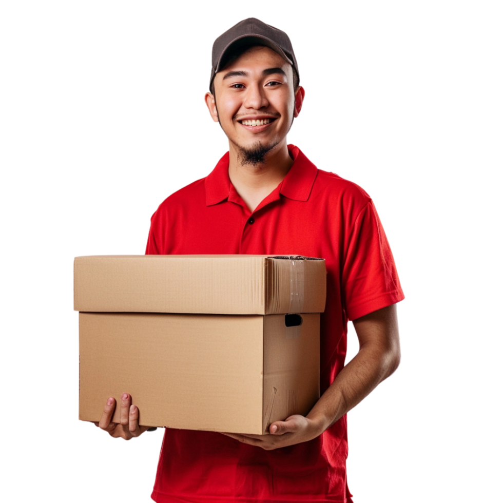 A man in a red uniform is holding two cardboard boxes, He is smiling and he is happy png