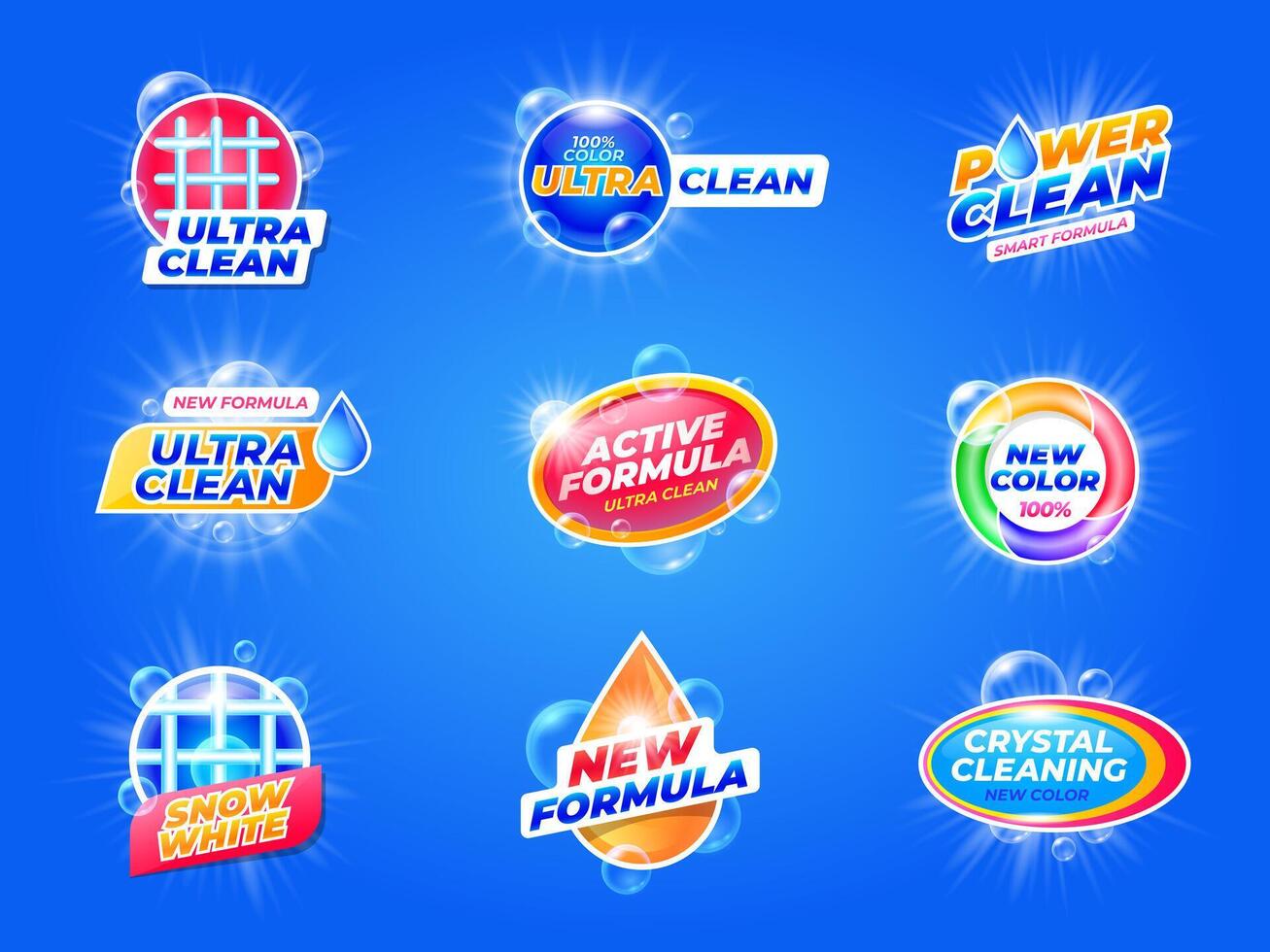 Laundry detergent label. Washing powder emblem package with bubbles, soap and stain remover, laundry care product with antibacterial formula. set vector