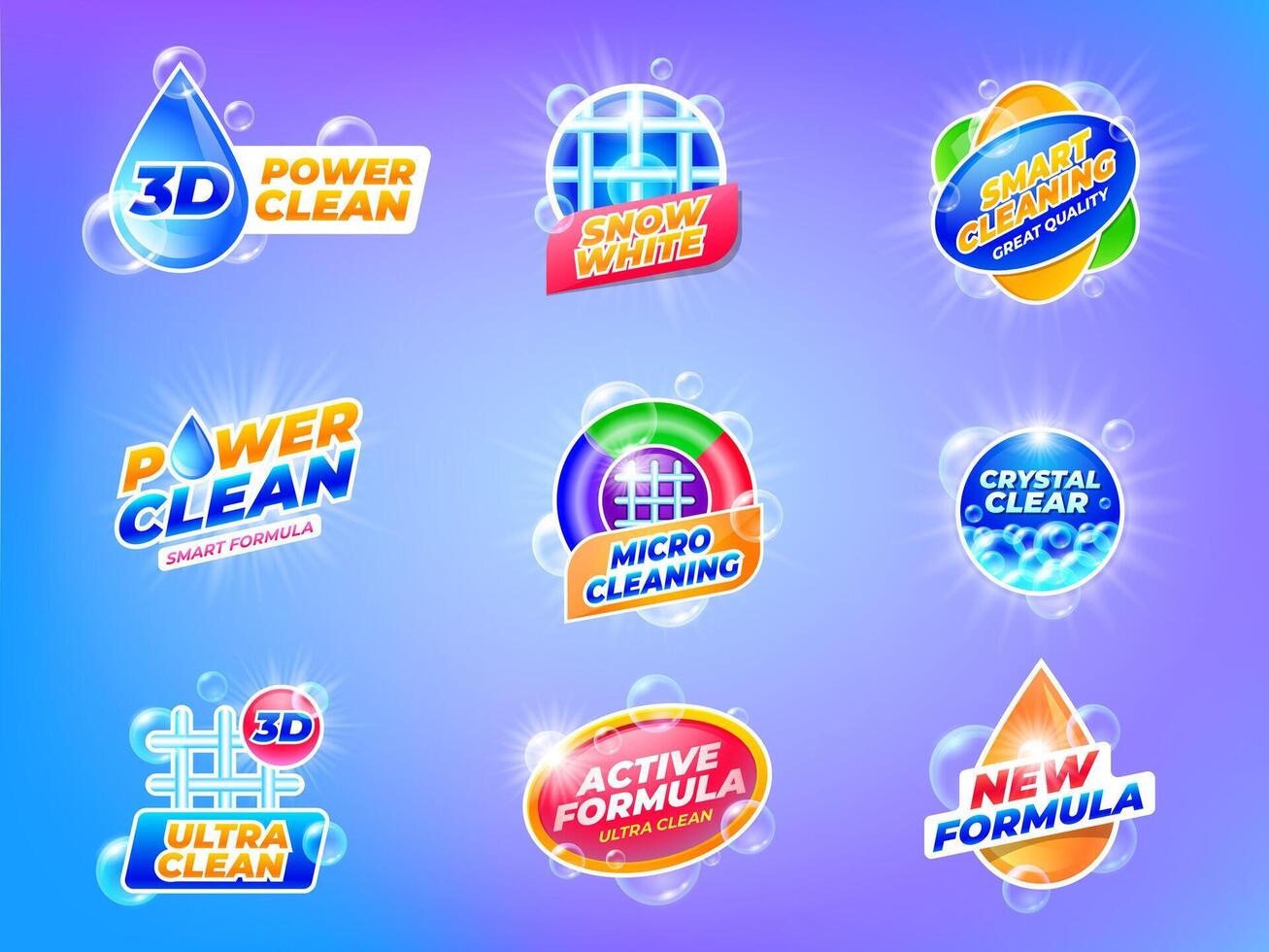 Laundry disinfectant emblems. Washing gel and powder detergent for clothes label template, cleaning and hygiene products, laundry soap with bubbles. set vector