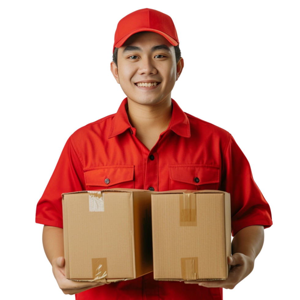 A man in a red uniform is holding two cardboard boxes, He is smiling and he is happy png