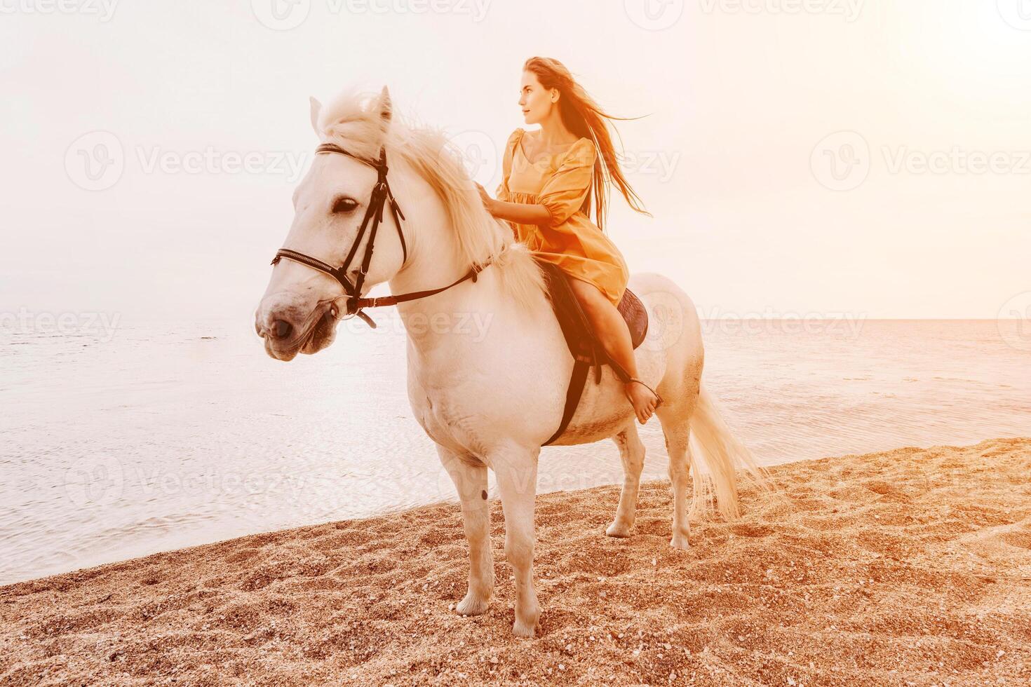 A woman in a dress stands next to a white horse on a beach, with the blue sky and sea in the background. photo