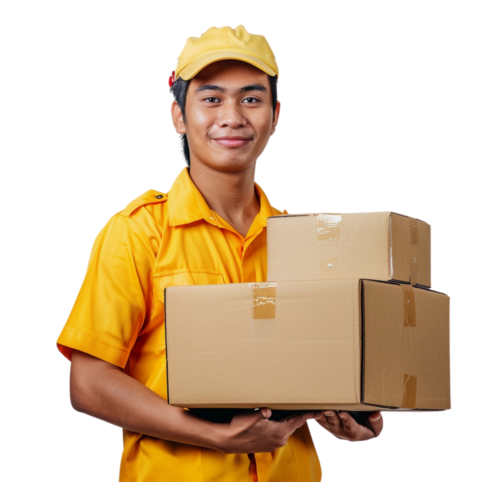 A man in a yellow uniform is holding two cardboard boxes, He is smiling and he is happy png