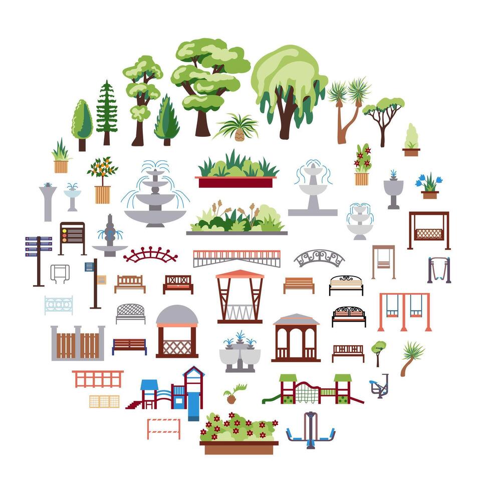 Collection of elements of urban and park infrastructure with icons of lanterns, children's slides and gazebos. Set of flat-style illustrations for the design of maps and drawings of urban life. vector