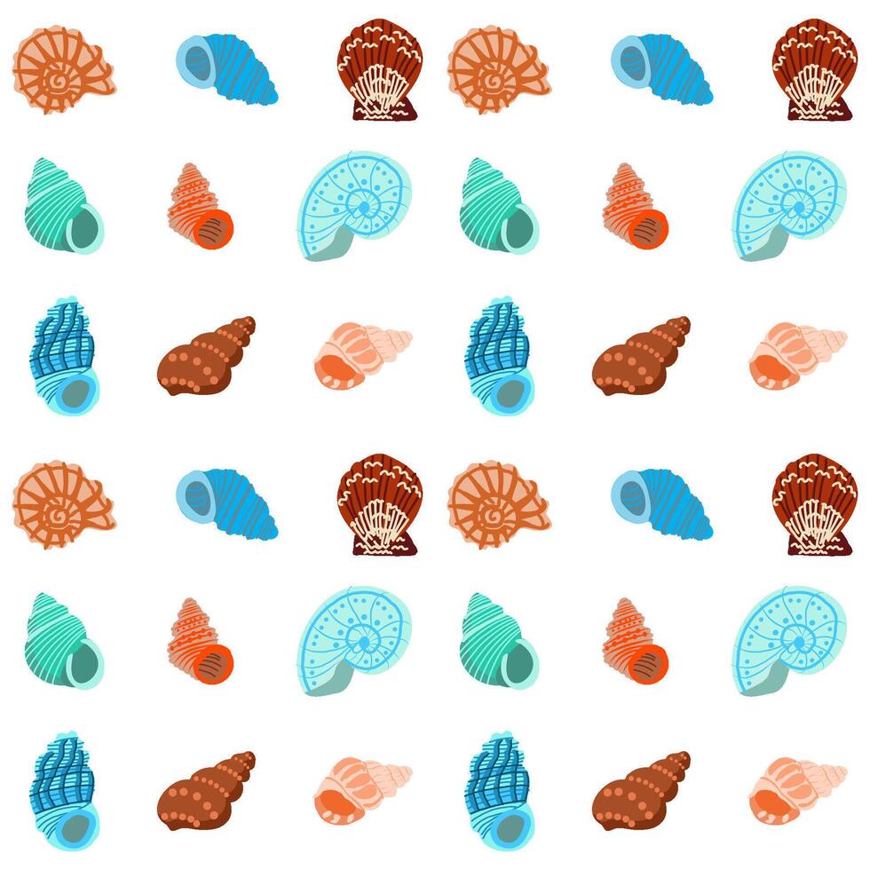 Seamless pattern with hand-drawn seashells in a flat cartoon style. vector