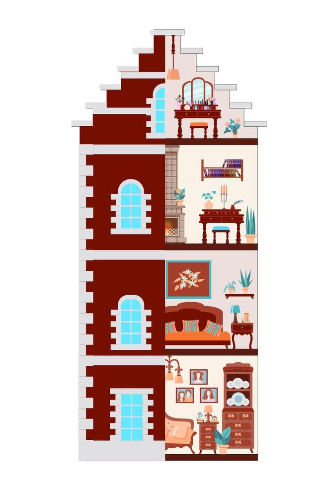 Vintage antique dollhouse inside and out, the facade of an old house, bedroom, living room, study and attic with retro furniture, Architectural section, Illustration in a flat cartoon style. vector