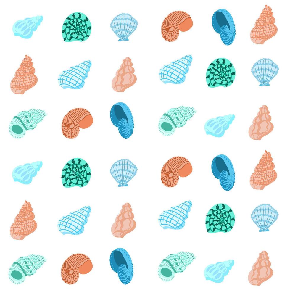 Seamless pattern with hand-drawn seashells in a flat cartoon style. vector