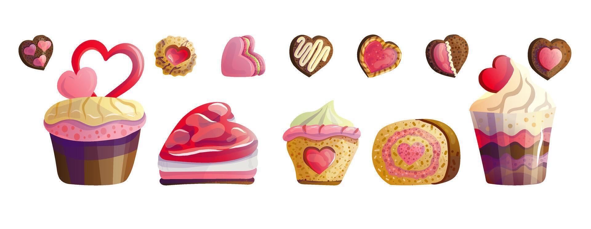 Set of sweets with hearts for Valentine's Day, cookie cakes and pastries for the February 14th holiday, illustrations in a flat cartoon style. vector