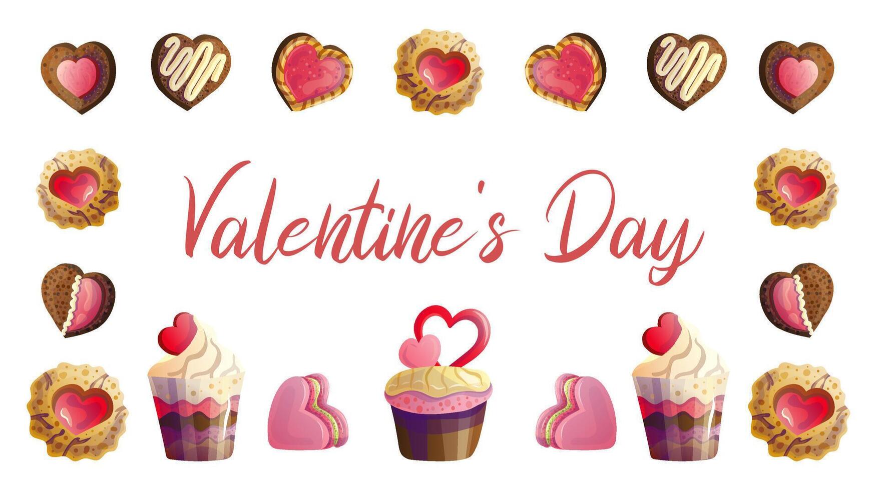 Horizontal composition of cakes and cookies with hearts and the inscription Valentine's Day, a delicious collection for a festive mood, illustrations in a flat cartoon style vector