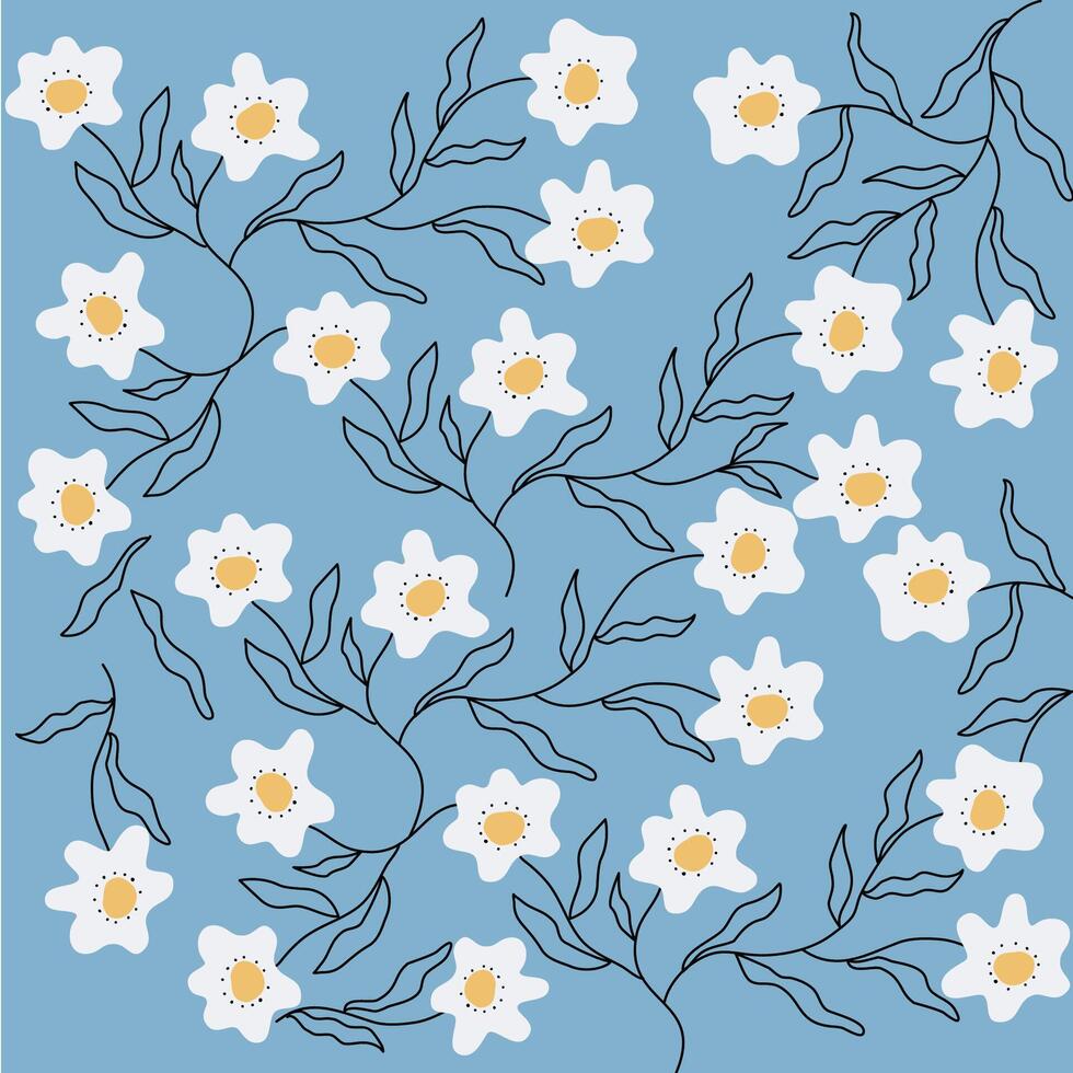 mano dibujado blanco resumen flores modelo en azul antecedentes para tela, textil, fondo de pantalla vector