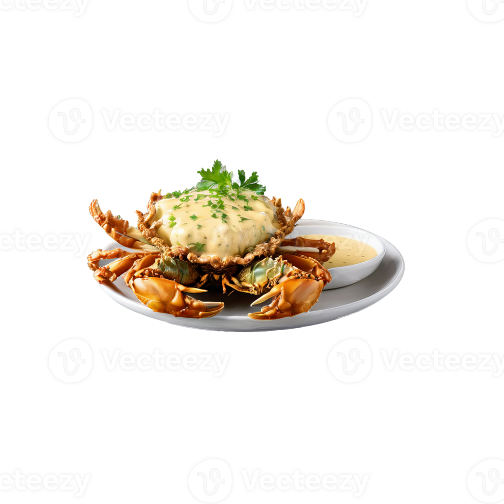 Fried soft shell crab golden brown crust garnished with remoulade sauce captured with a macro png