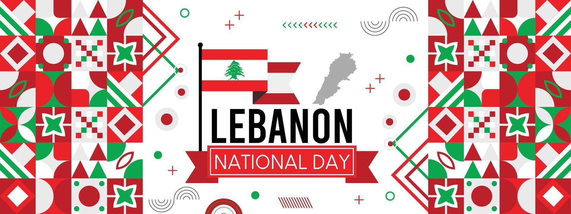 Líbano nacional día bandera con mapa, bandera colores tema antecedentes y geométrico resumen retro moderno colorido diseño vector